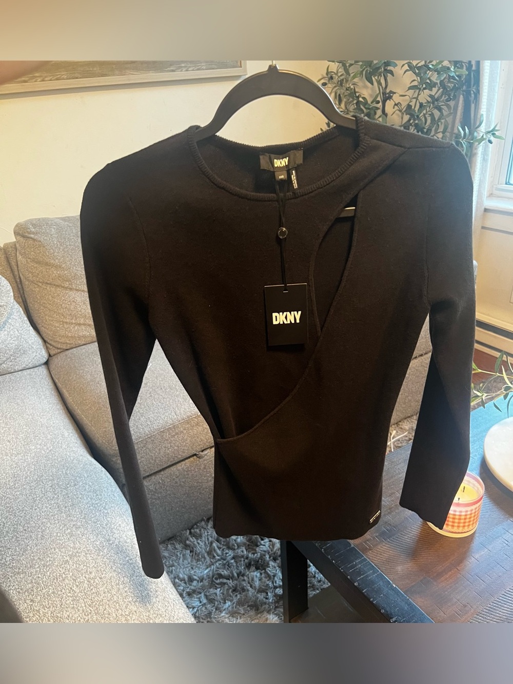 DKNY Black Crewneck Sweater with Asymmetrical Cutout